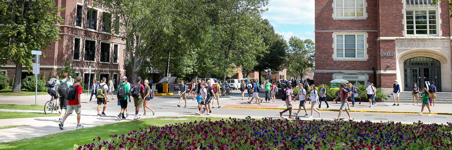 Students walking across UND's campus between classes.