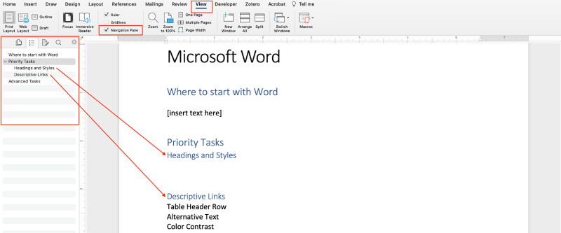 navigation pane in Word