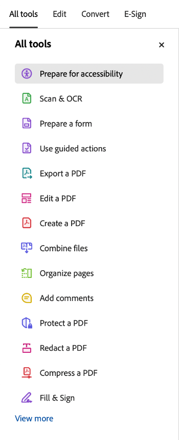Screenshot of the Prepare for Accessibility option under All Tools.