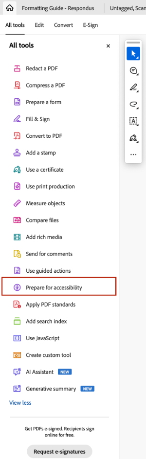 Screenshot of where to find the Prepare for Accessibility Option.