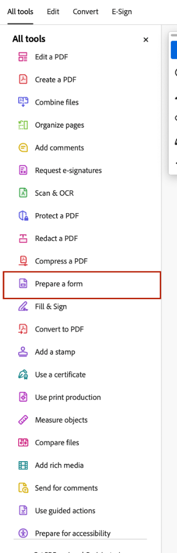 Prepare a Form Screenshot of the Prepare a Form option.
