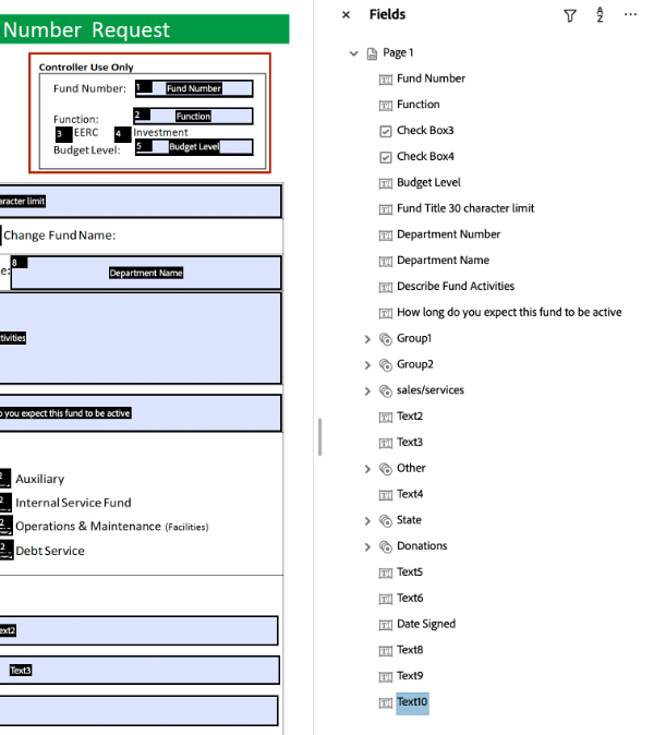 Re-order form fields Screenshot of the form field pane where you can re-order tabs.