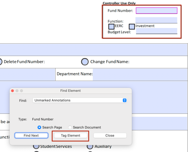 Tag Found Unmarked Annotations Screenshot of the Tag Element button for unmarked annotations in Adobe Acrobat.