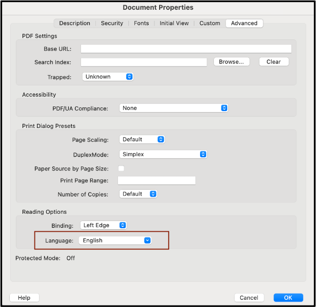 Screenshot of the Document Properties Dialogue Box. The Language section is highlighted.