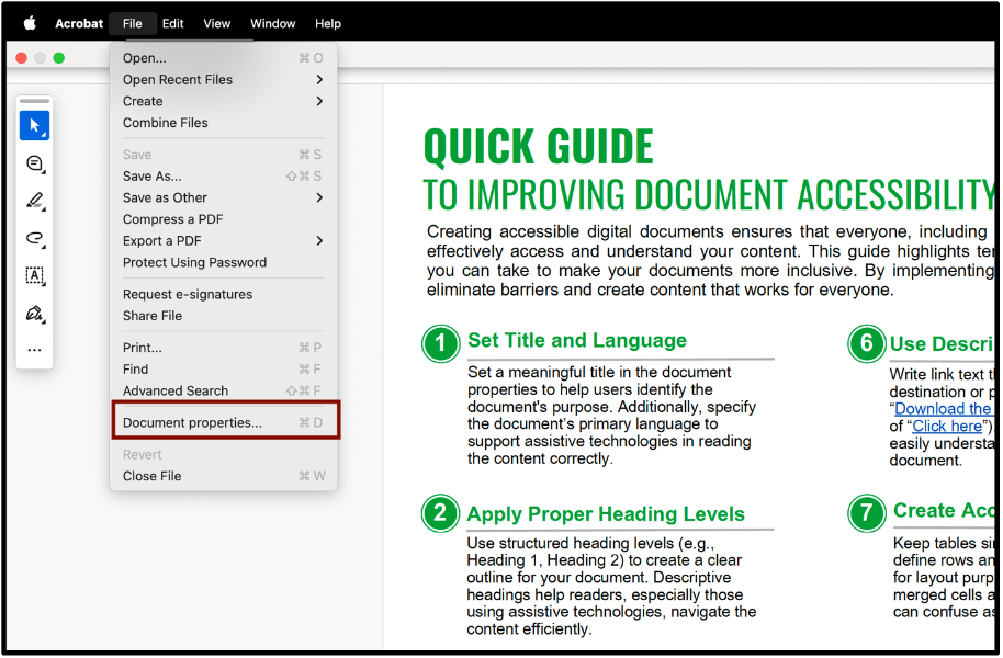Screenshot of the location for the Document Properties option. 