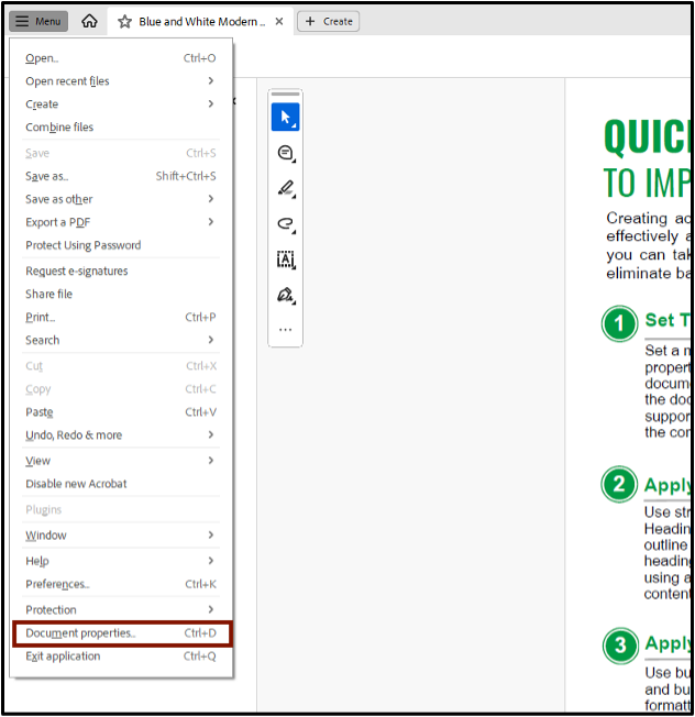 Screenshot of the location of the Document Properties option in Adobe Acrobat.