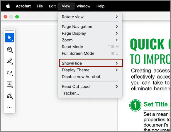 Screenshot of how to locate the Show / Hide option in Adobe Acrobat.