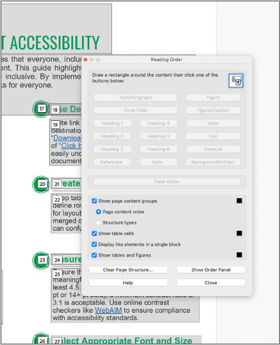 Screenshot of the Reading Order dialogue box.