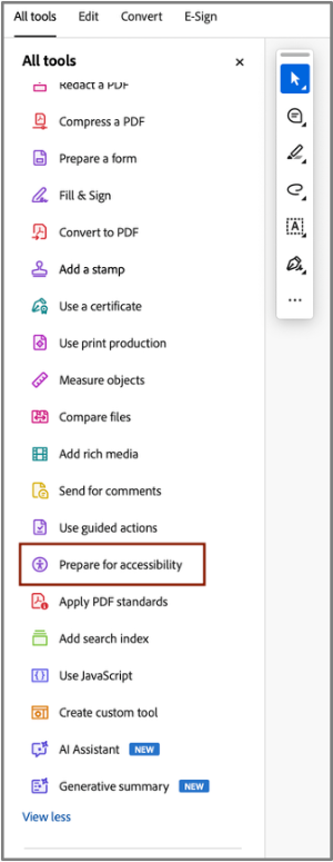 Screenshot of the Prepare for Accessibility option under the All Tools menu. 