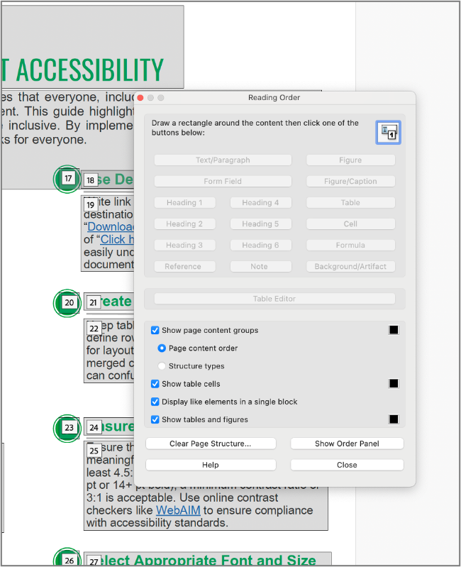 Screenshot of the Reading Order dialogue box. 