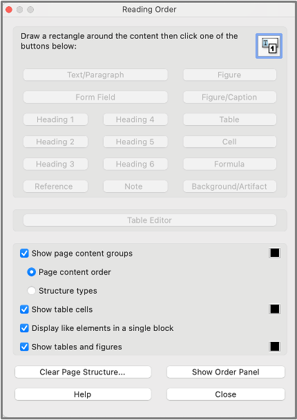 Screenshot of the Reading Order dialogue box