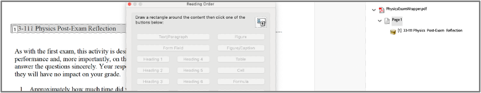 Screenshot of where content is located in the Reading Order Pane once it is tagged.