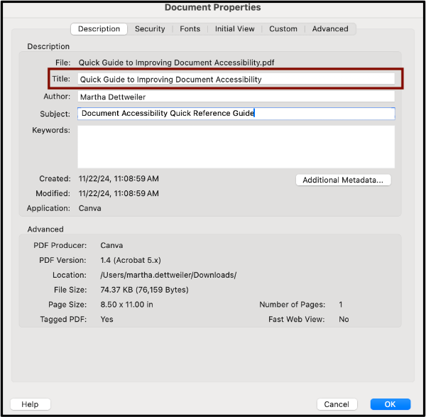 Screenshot of the Document Properties Dialogue Box. The title section is highlighted. 