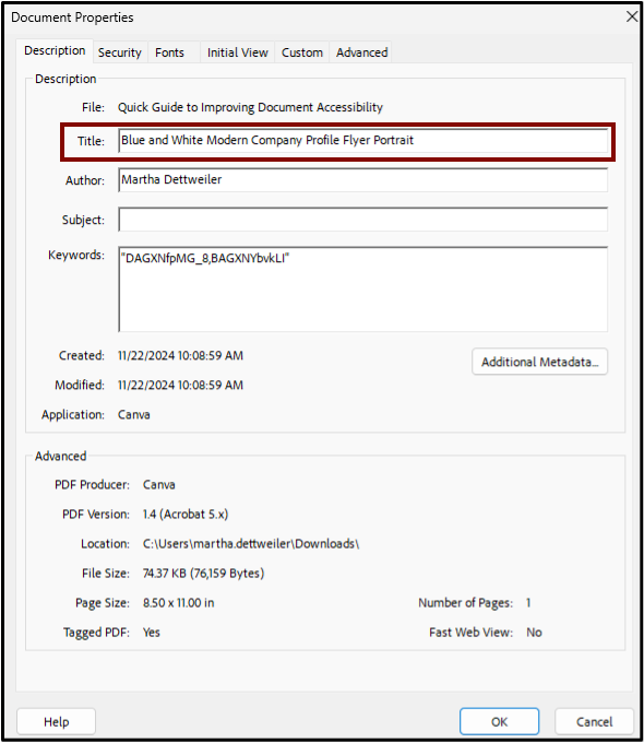 Screenshot of the Document Properties Dialogue Box. The title section is highlighted. 