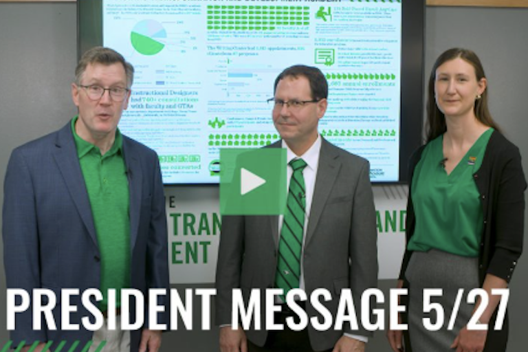 Screenshot of video player. President's message on 05/27/25 addressed UND's progress towards digital accessibility. 