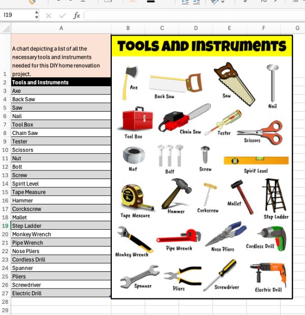 Screenshot depicting where alternative text should be placed in an Excel file. 