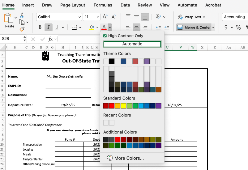 Screenshot of High Contrast Only colors in Excel.
