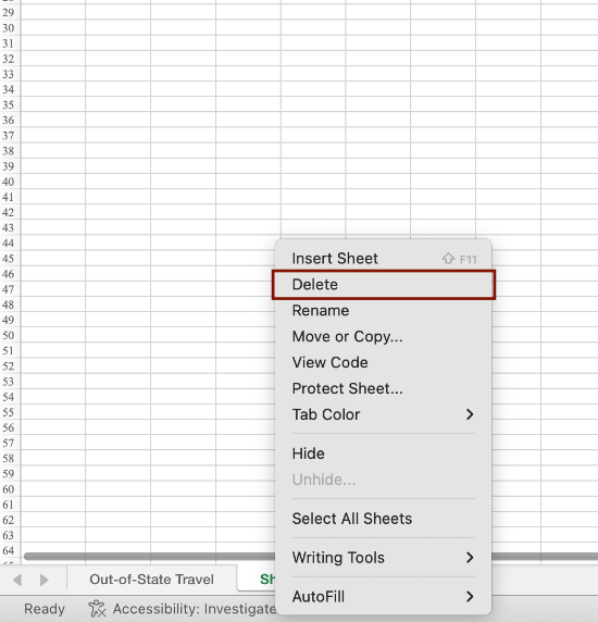 Screenshot for the option to delete an unused sheet. 