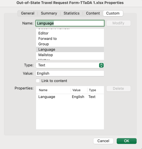 Screenshot of where to set the Document Language on a Mac.