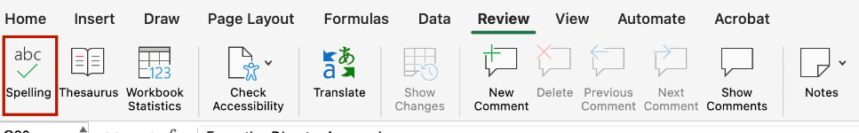 Screenshot of the Spell Check option in the Review tab. 