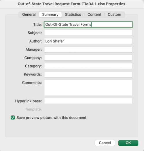 Screenshot of where to set the Document Title on a Mac. 