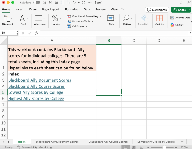 Screenshot of what contents an index page in Excel might contain. 