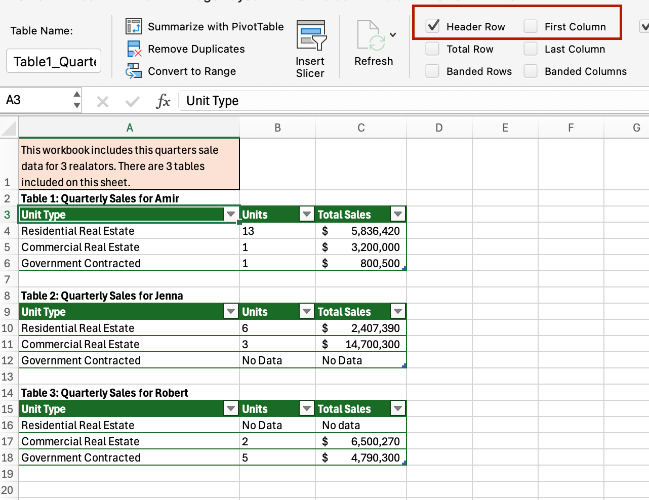 Screenshot showing where you can semantically add a Table Header Row in Excel. 