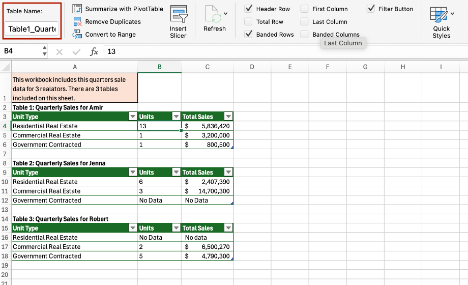 Screenshot showing where a table title can be entered in the Table Design Tab. 