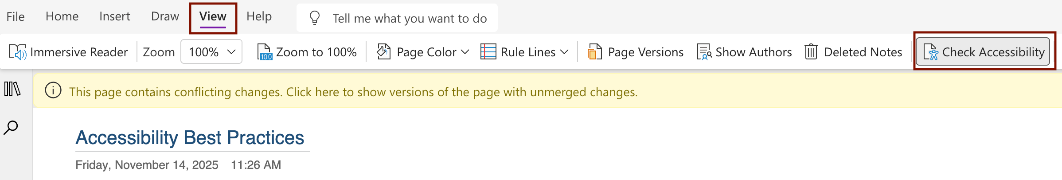 Location of the Accessibility Checker in OneNote. 
