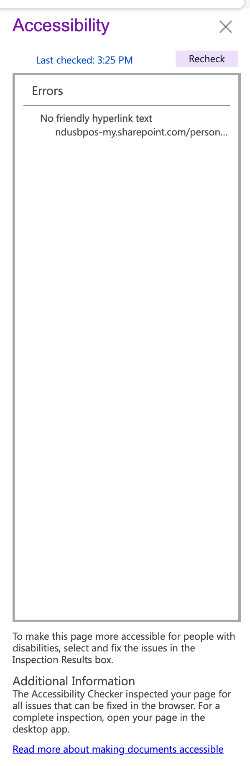 Screenshot of the Accessibility Checker Pane with errors showing for no descriptive link text. 