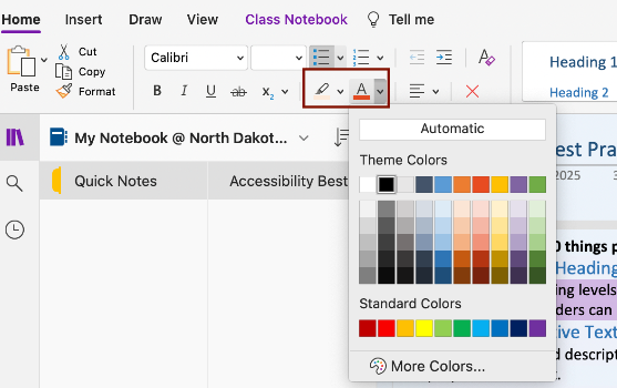 Screenshot of the the text color options and the highligher options. 