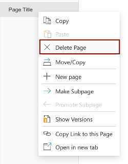 Screenshot of the Delete Page option. 
