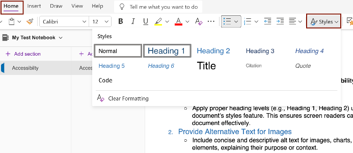 Screenshot of the Styles pane in OneNote; preset headings are highlighted.