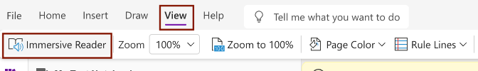Screenshot of the location for the Immersive Reader button in OneNote. 