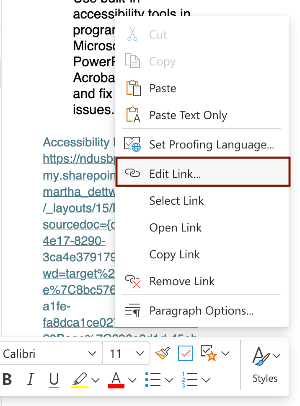 Screenshot of the menu where the edit link option is located. 