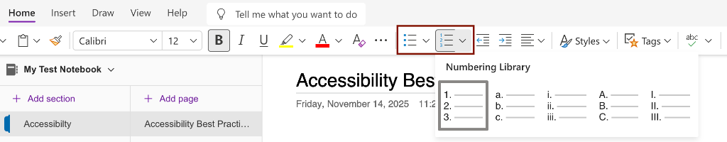 Screenshot showing the location of the preset list styles in OneNote