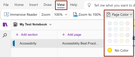 Screenshot of the location where one can change the page color