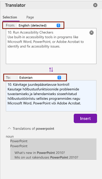 Screenshot of the Translator Pane where users can select what languages they choose to translate to and from. 
