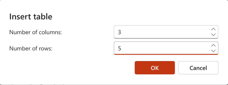 Set table dimensions using the Table Editor pane.