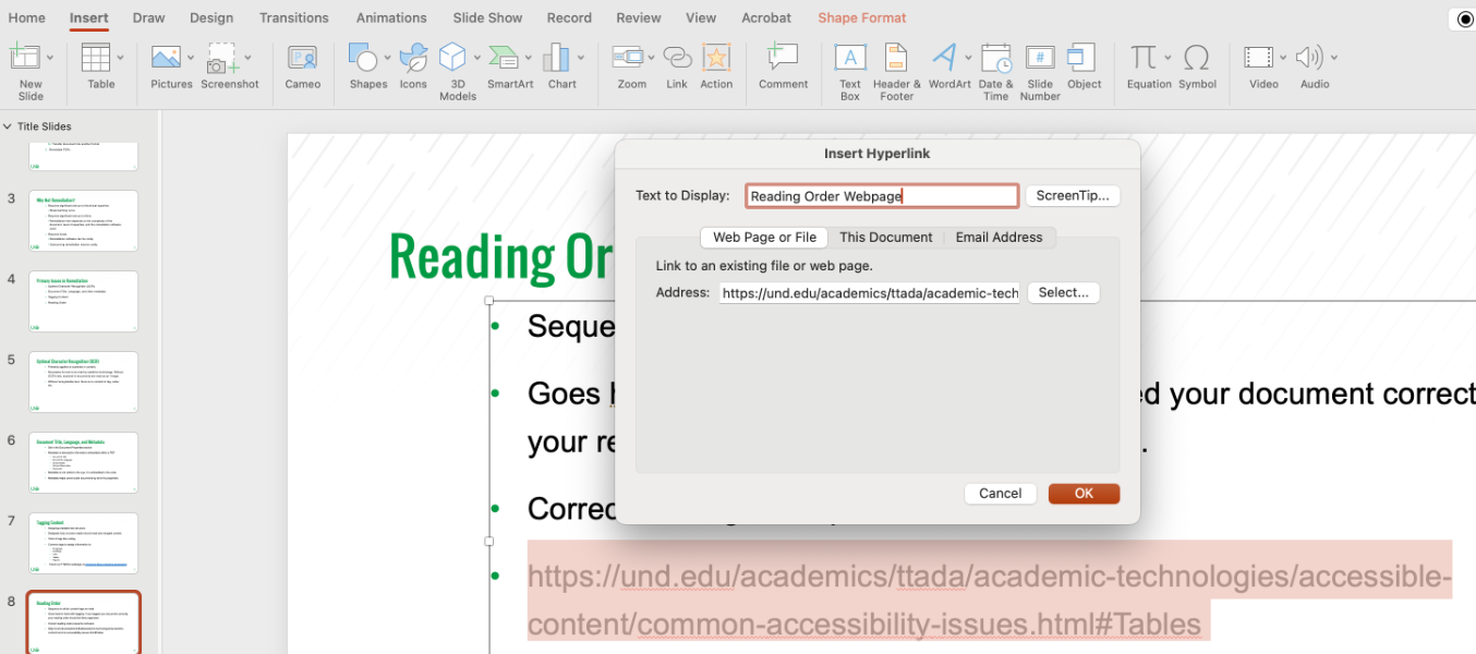 Screenshot of providing Descriptive Link text for a URL. 