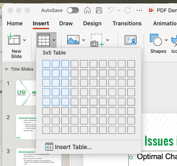 Screenshot of how to visually set columns and rows in PPT. 