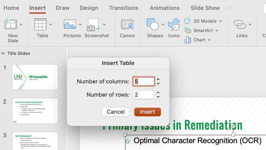 Screenshot of Table Editing dialogue box. 
