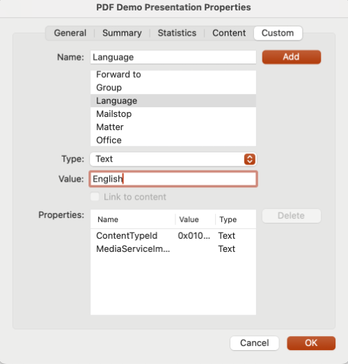 Screenshot of where to add document language. 