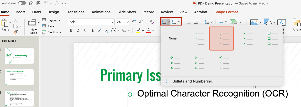 Screenshot of how to add lists in PPT. 
