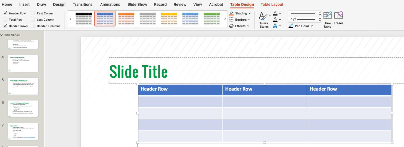 Screenshot of the Table Design ribbon where you can see the checks for Header Row and First Column. 