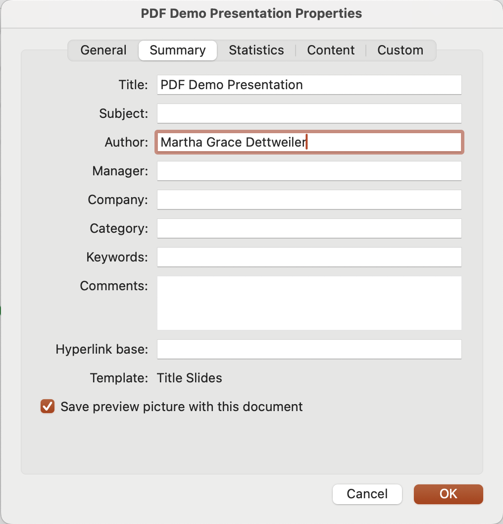Screenshot of where to add a document title. 