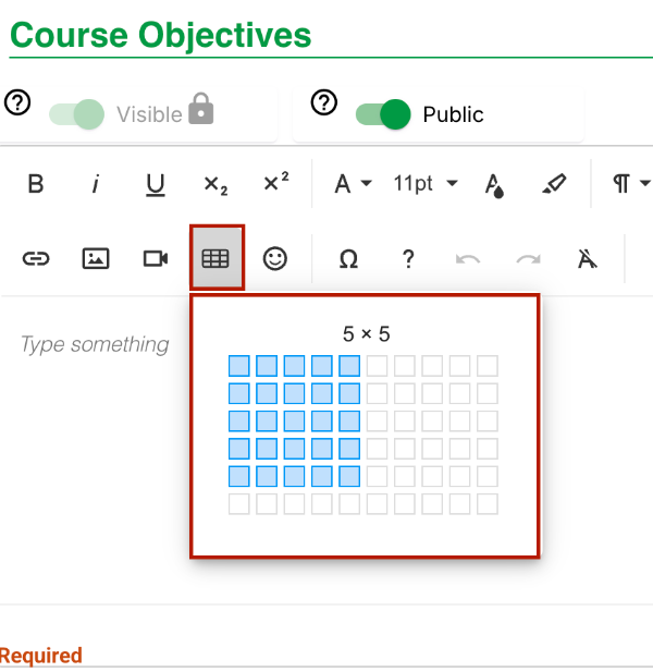 Screenshot of Insert Table tool in Simple Syllabus