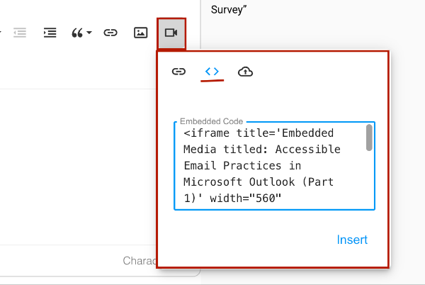 Screenshot of Embed Video button in the Insert Video menu