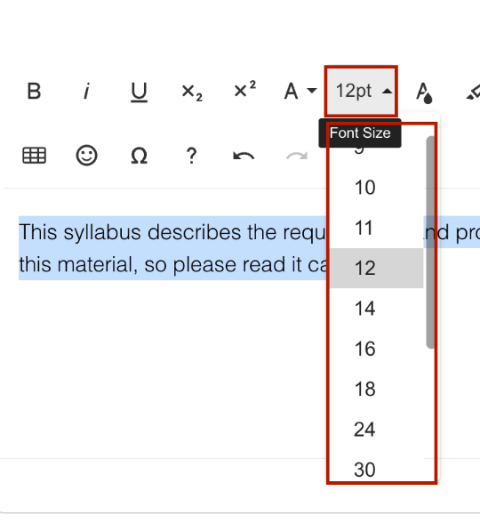 Screenshot of Font Size button in Simple Syllabus