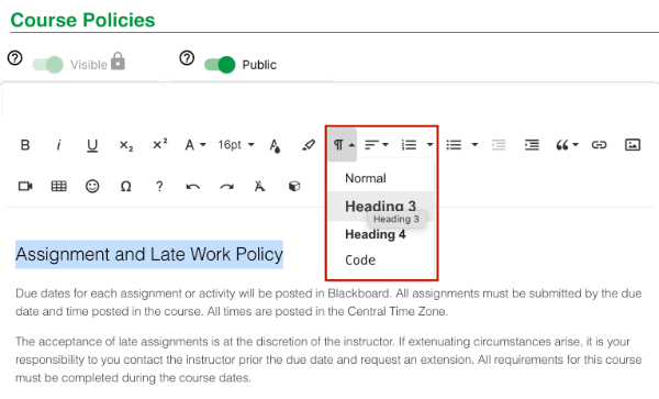 Screenshot of how to add headings in Simple Syllabus
